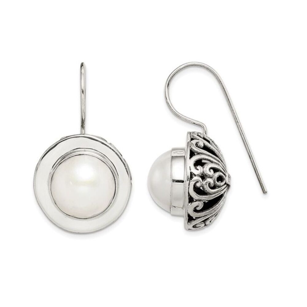 White Freshwater Cultured Semi-Round Pearl Dangle Earrings Sterling Silver